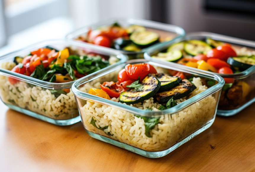 Four containers of salad being meal prepped